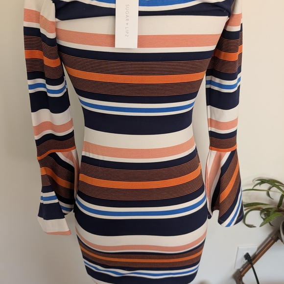 Sugarlips Blue and White Off the Shoulder Bell Sleeve Dress - Picture 4 of 8